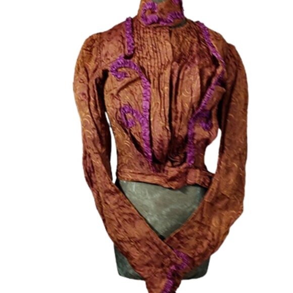 Antique Vintage Tops - Antique Victorian Copper Silk Bodice With Purple Trim For Study Or Pattern Only